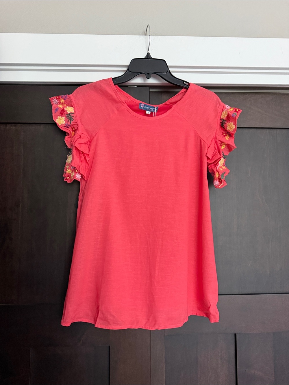 Truly Me Nordstrom Ruffle Sleeve Coral Dress Embroidered Floral Trim size 7
